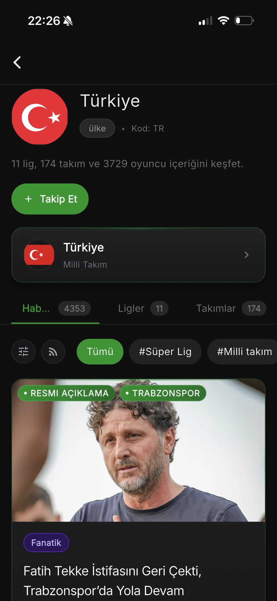 Ülke sayfası: 11 lig, 174 takım ve 3729 oyuncuya kadar inen içerik derinliği.