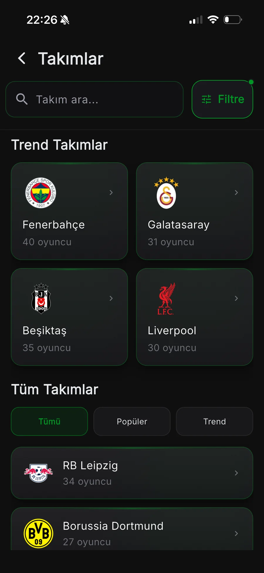 Takım dizini: kadro sayılarıyla birlikte trend ve tüm takımlar.